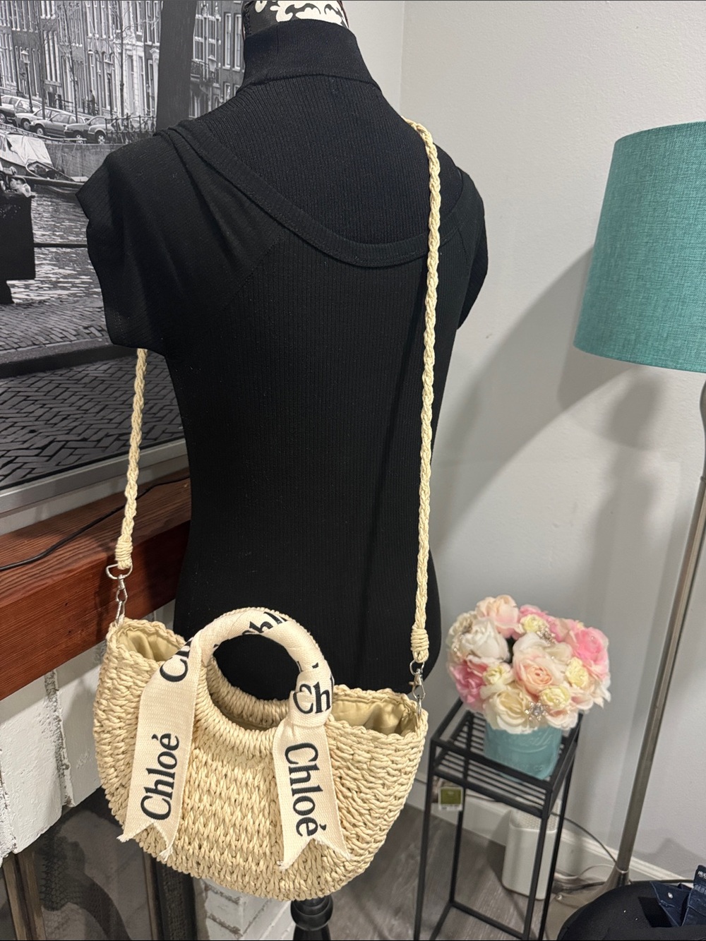 Hand woven basket canvas ribbon handbag crossbody beige summer vacation travel